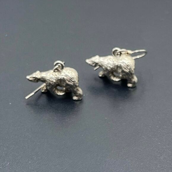 Sterling Silver Detailed 3D Grizzly Bear Animal Fur Charm Dangle Earrings 1” - Picture 2 of 11